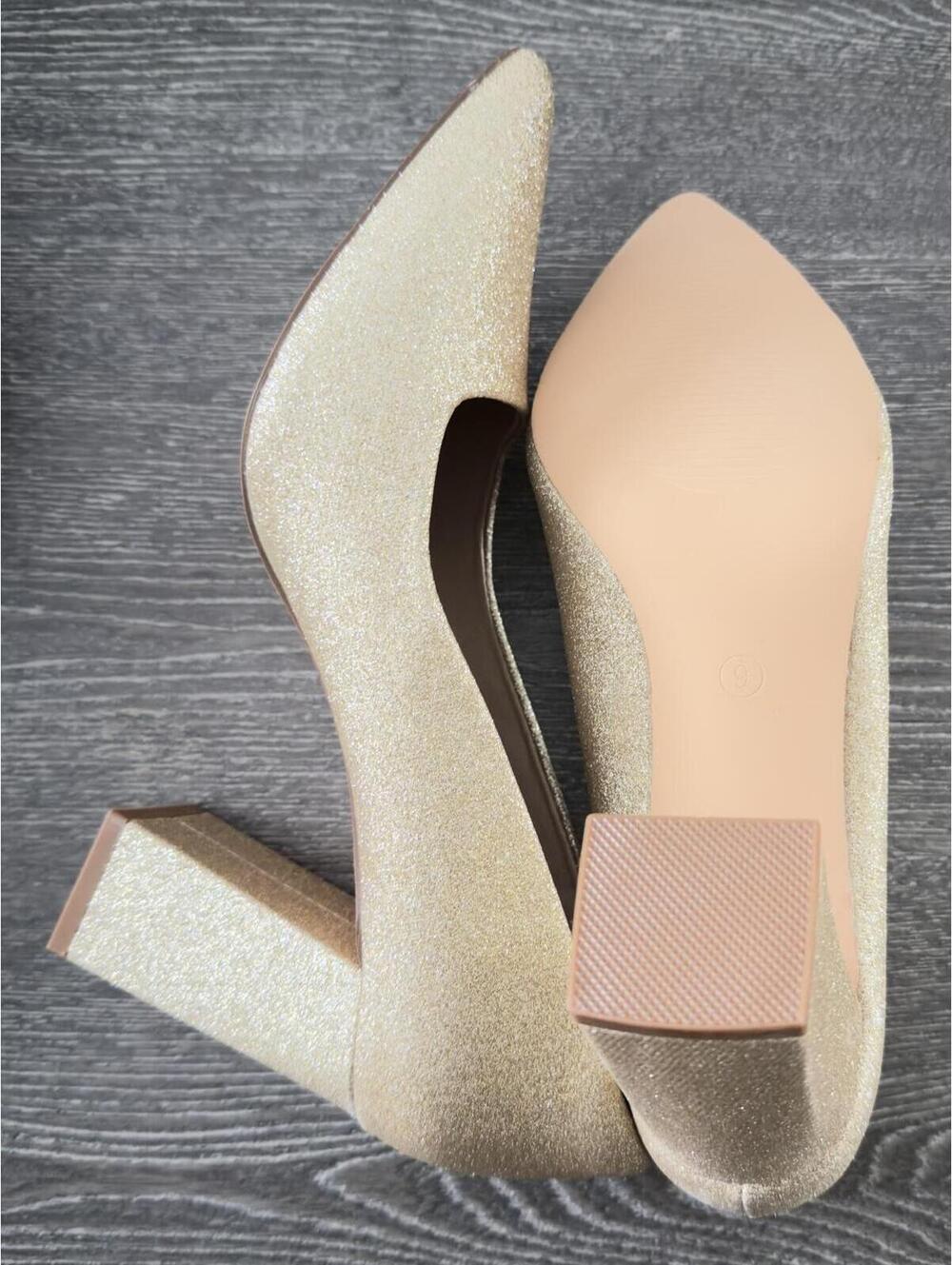 IDIFU Gold Shiny Pointed Toe Block Heel Pumps Women Size 9 - Picture 3 of 4